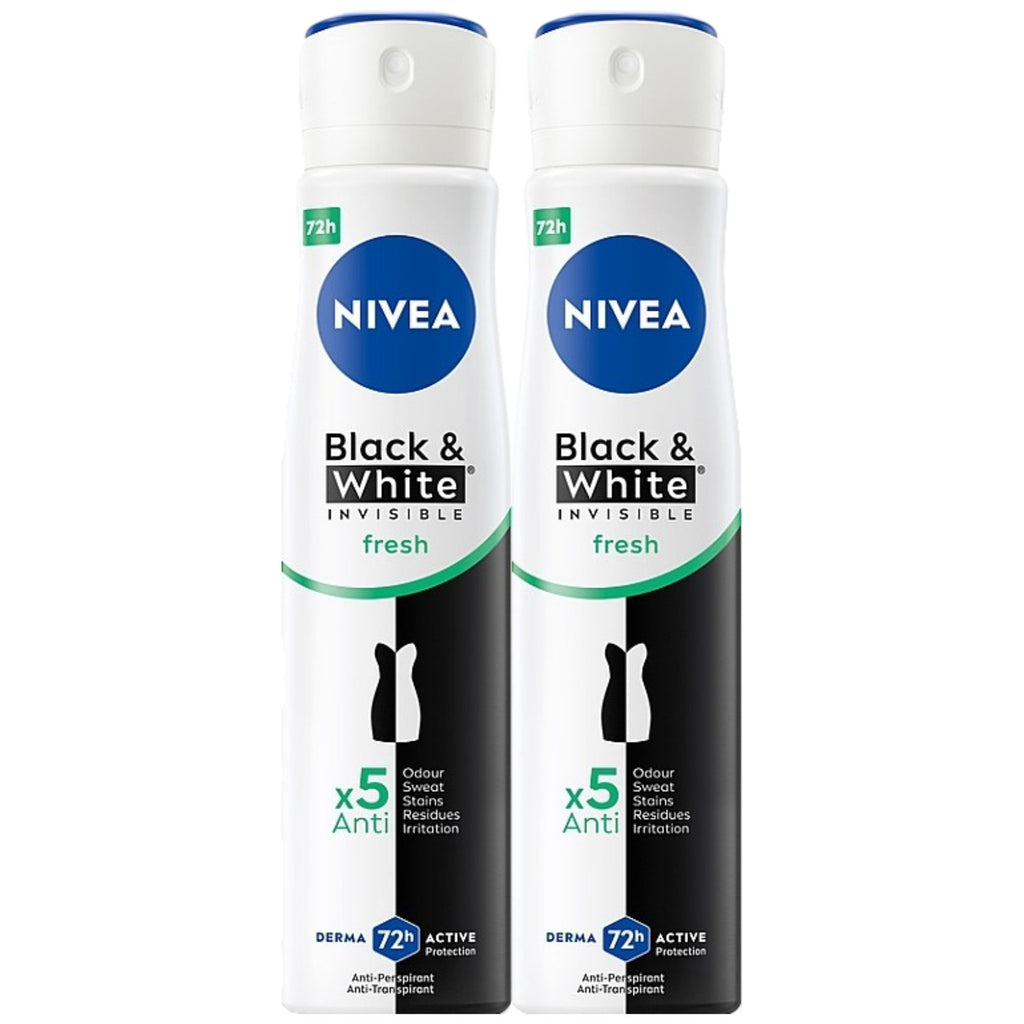 2 Pack Nivea Fresh Black & White Invisible Anti-Transpirant Spray 200ml