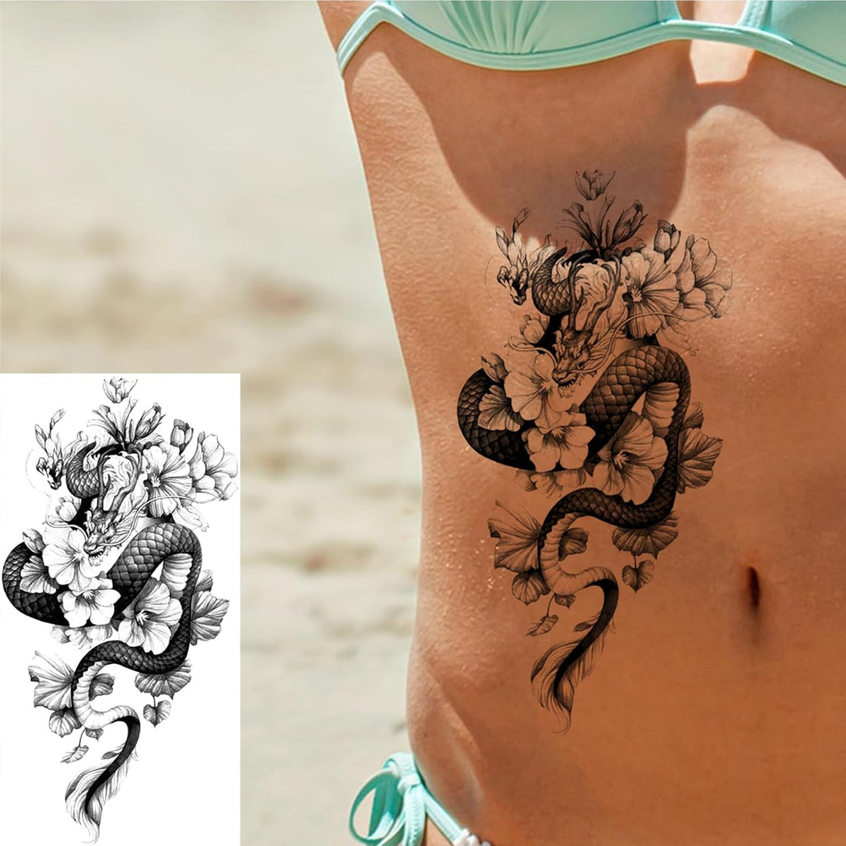 10 Sheet Realistic Chinese Floral Dragon Temporary Tattoo for Women