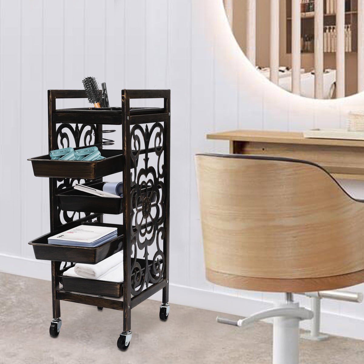 Salon Rolling Storage Trolley with 5 Shelves & Vintage Design for Beauty Salon