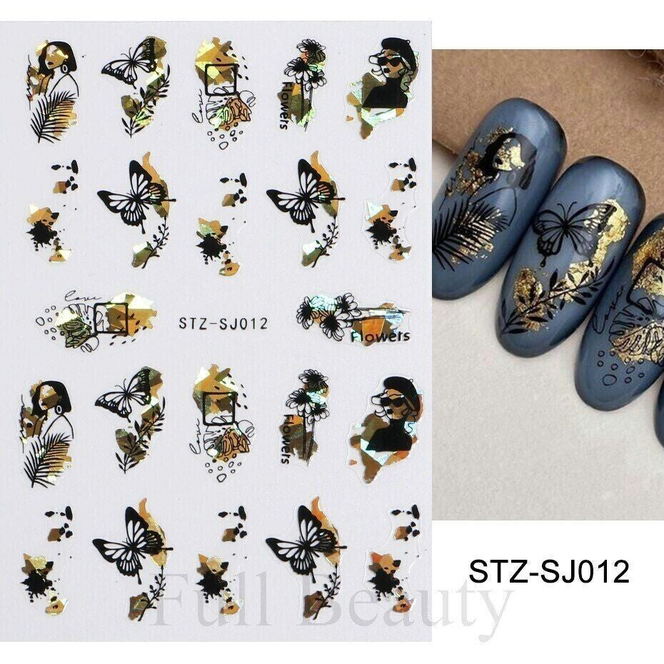 Water Decals Nail Art Stickers Gold Black Lady Leaf Butterfly 2 Sheets