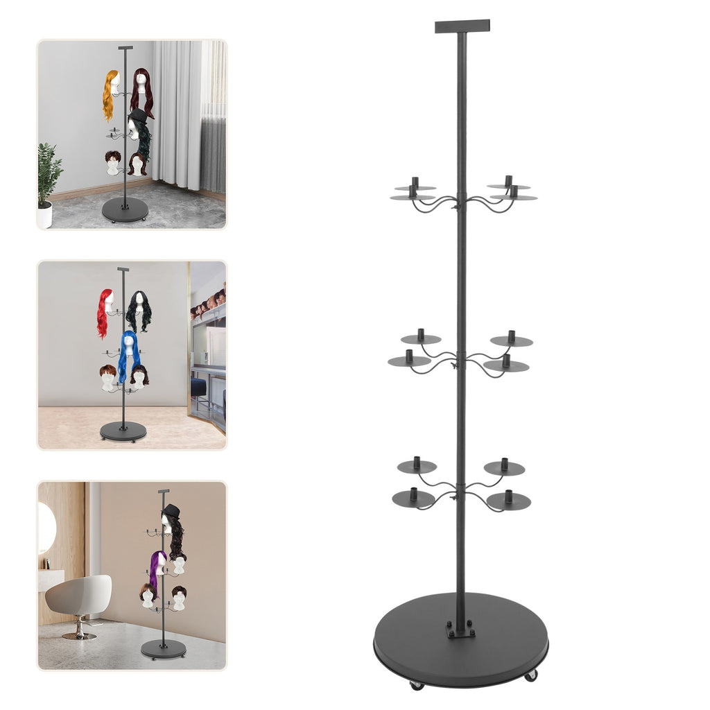 12 Head Wig Display Stand with Lockable Wheels Adjustable Rack