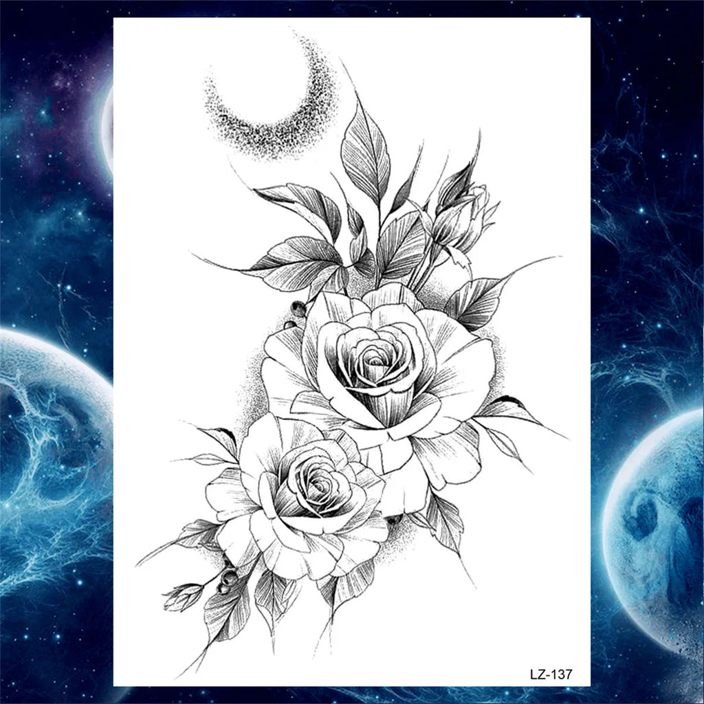 Black Moon Pendant Fake Tattoo Jewelry Set - Waterproof Floral Jewelry