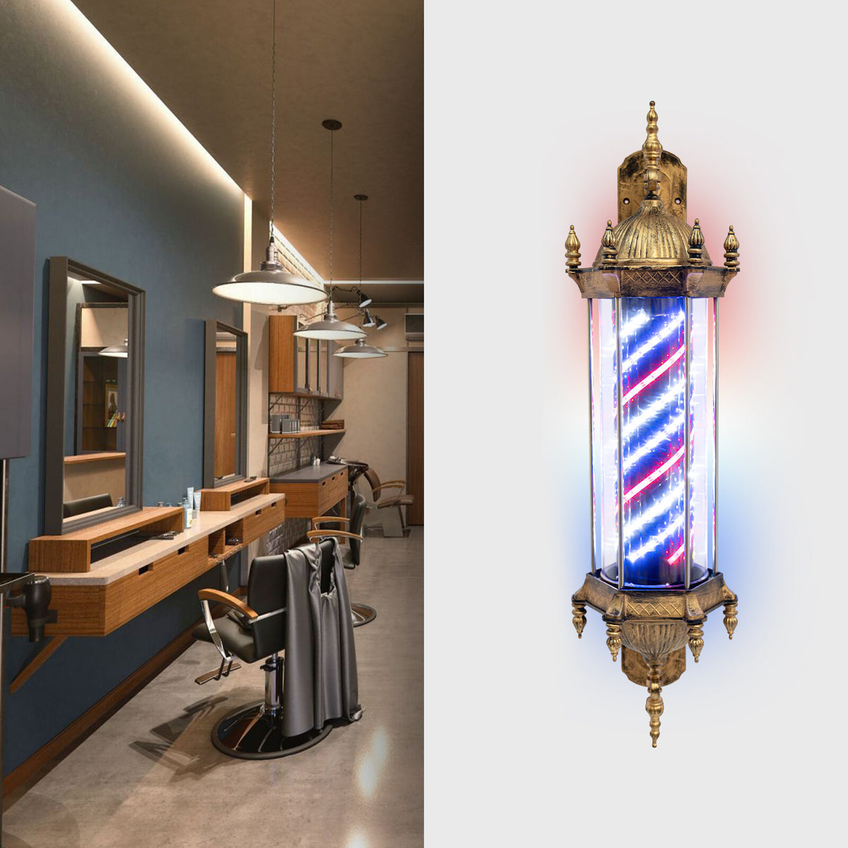 Vintage Barber Pole LED Light Rotating Sign Wall Mount for Hair Salons
