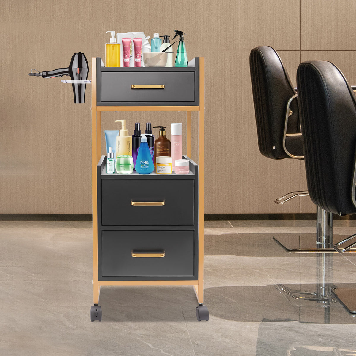 Mobile Salon Storage Cart with 3 Drawers and Hair Dryer Holder - Gold & Black