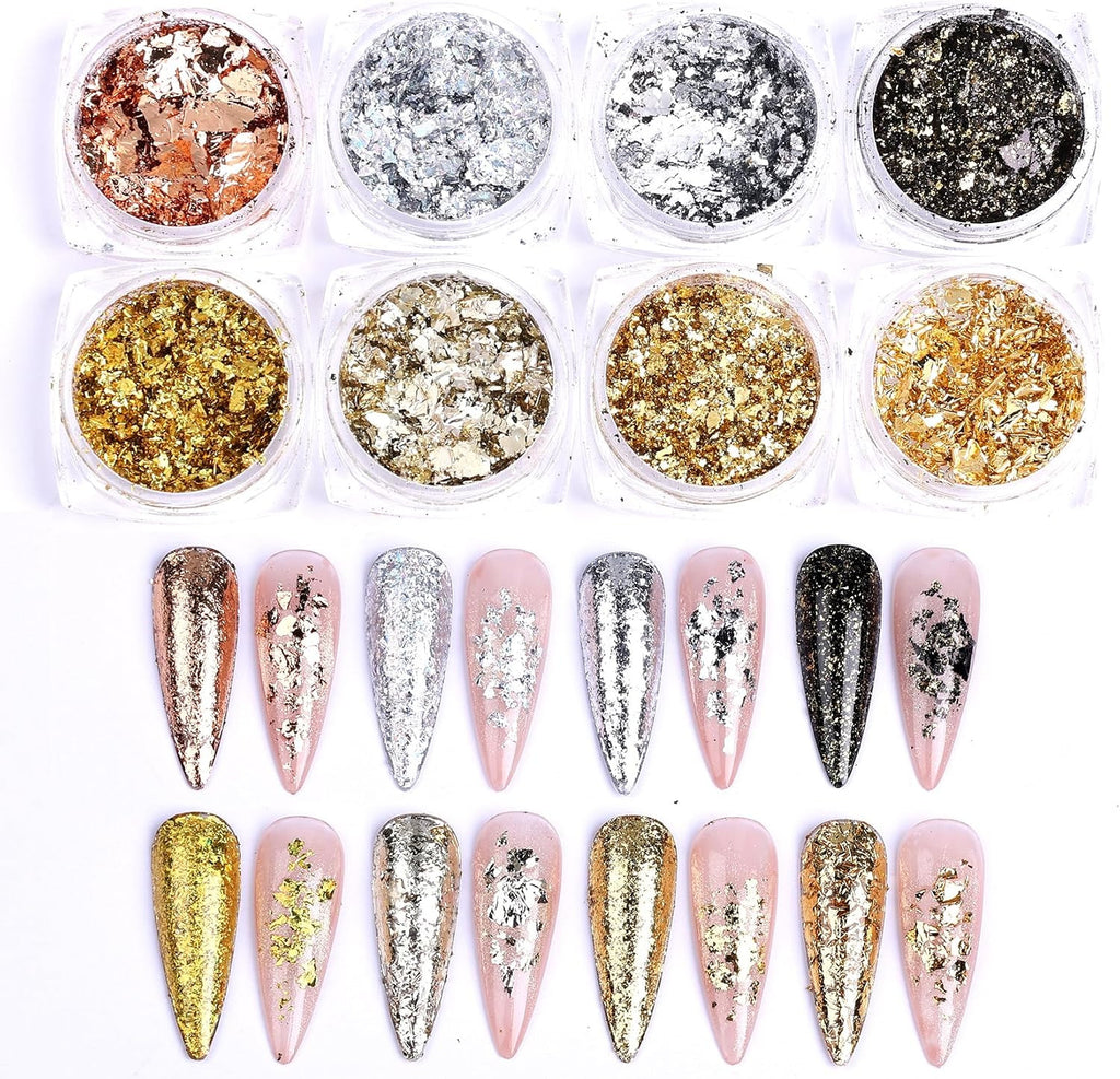 Gold Flakes Nail Glitter Foils Set - Metallic Gold Silver Black Rose Gold for Nail Art