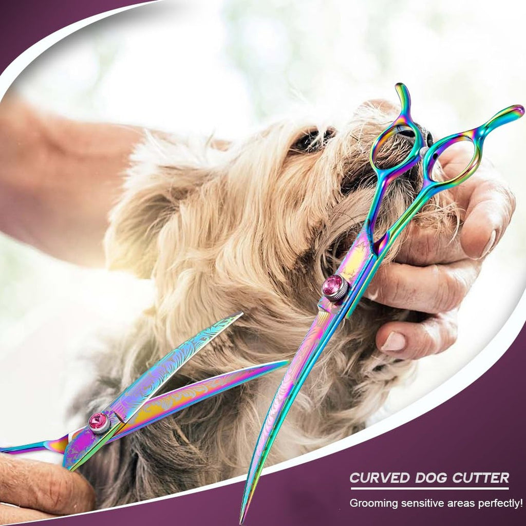 7-Inch Downward Curved Dog Grooming Scissors for Face and Paws - Rainbow Stainless Steel