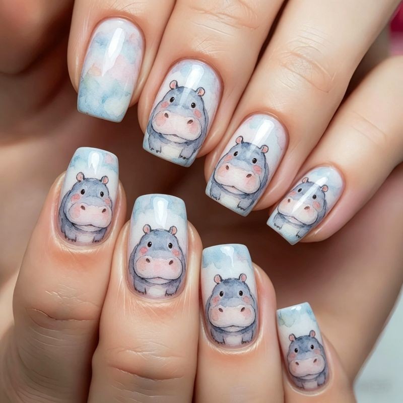 96Pcs Short Square Nail Set with Hand Painted Unicorn Hippo Hummingbird & Flowers
