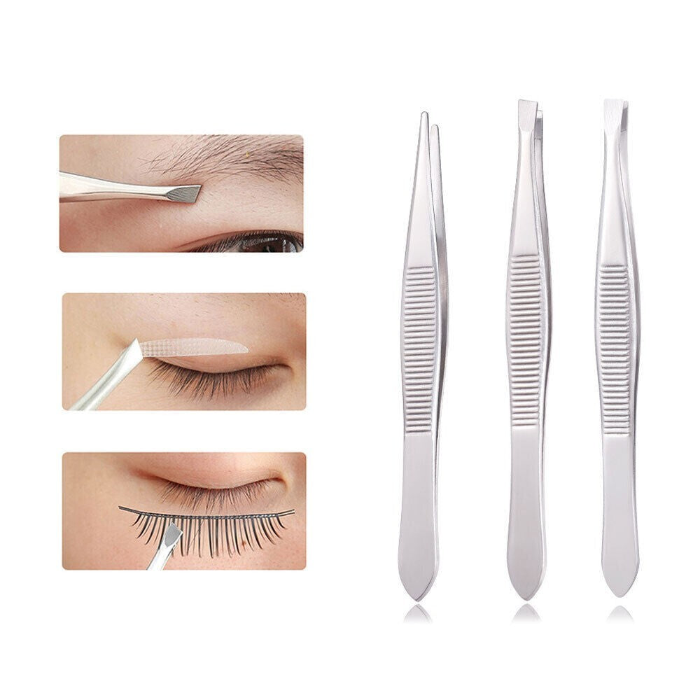 3-Piece Stainless Steel Eyebrow Tweezer Set - Precision Slant, Flat & Pointed Tips