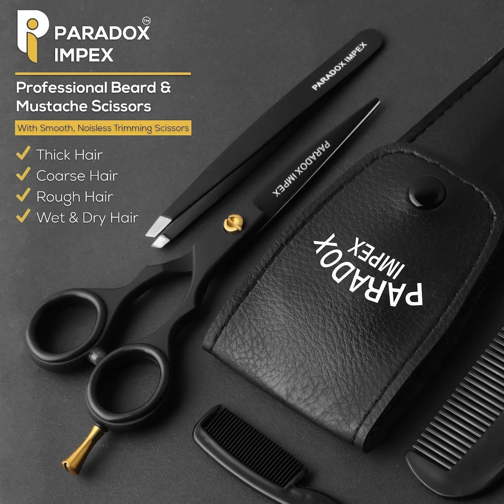 5-Inch Beard and Mustache Scissors with German Stainless Steel Blades, Pouch & Tweezers