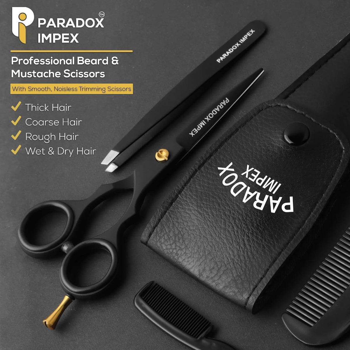 5-Inch Beard and Mustache Scissors with German Stainless Steel Blades, Pouch & Tweezers