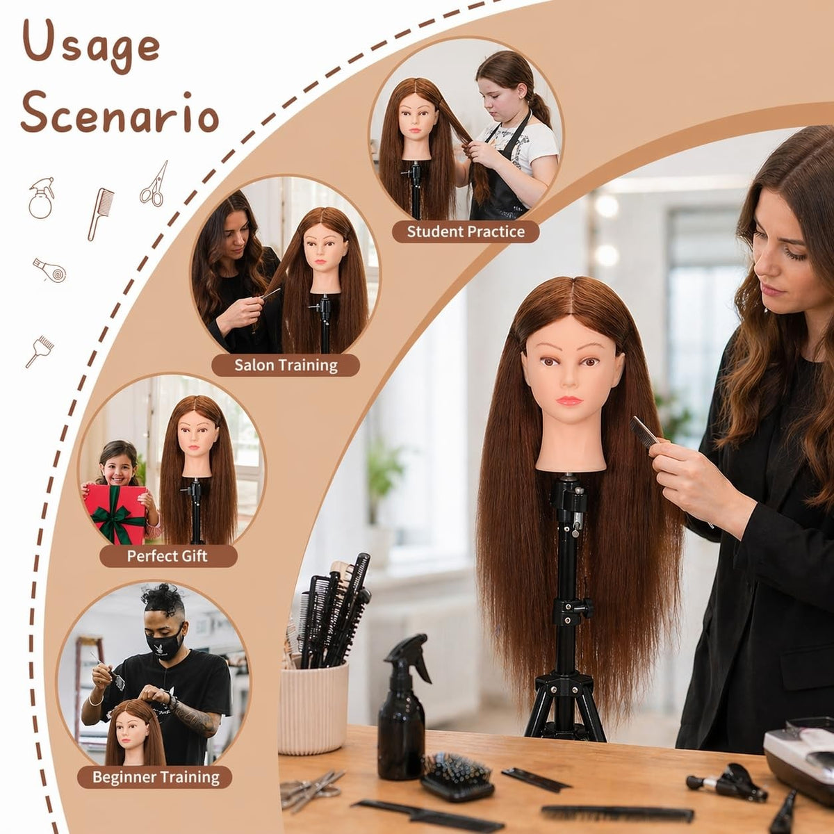 Real Human Hair Mannequin Head for Hair Styling Practice 22-24 Inches Dark Brown