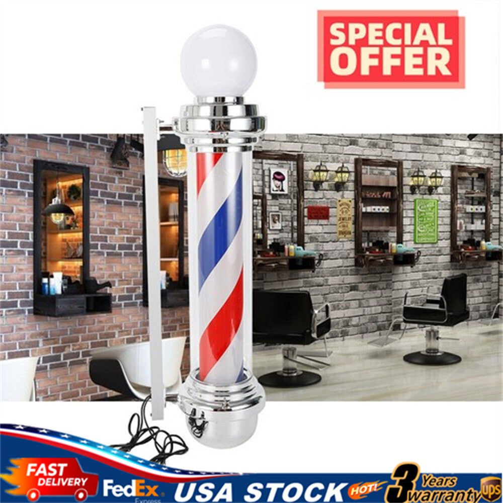 Rotating LED Barber Shop Pole Light Sign with Red, White, Blue Stripes