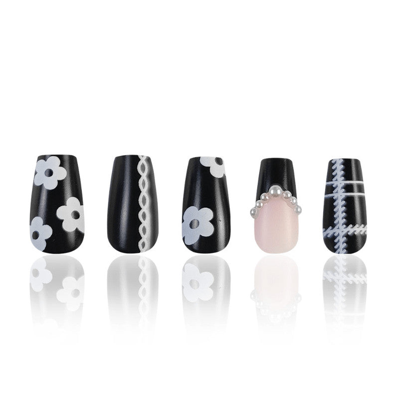 48 Pcs Black White Flower Press on Nails Medium Coffin Matte Fake Nails