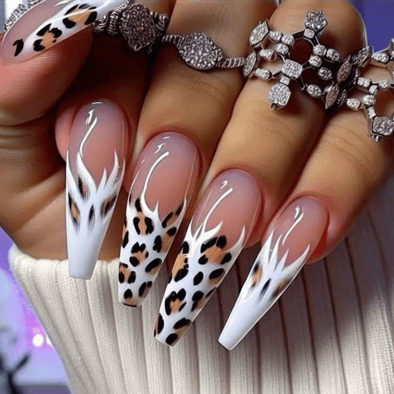 48pcs Nude White Leopard Flame Stiletto Press On Nails Trendy Fake Nails