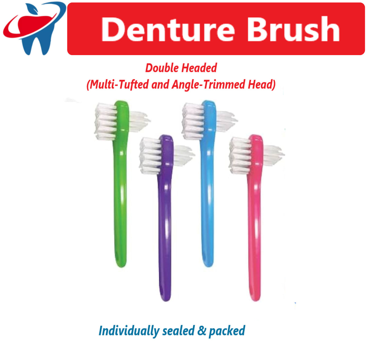 Double-Headed Denture Brush Set Assorted Sizes - Multi-Tufted & Angle Trimmed