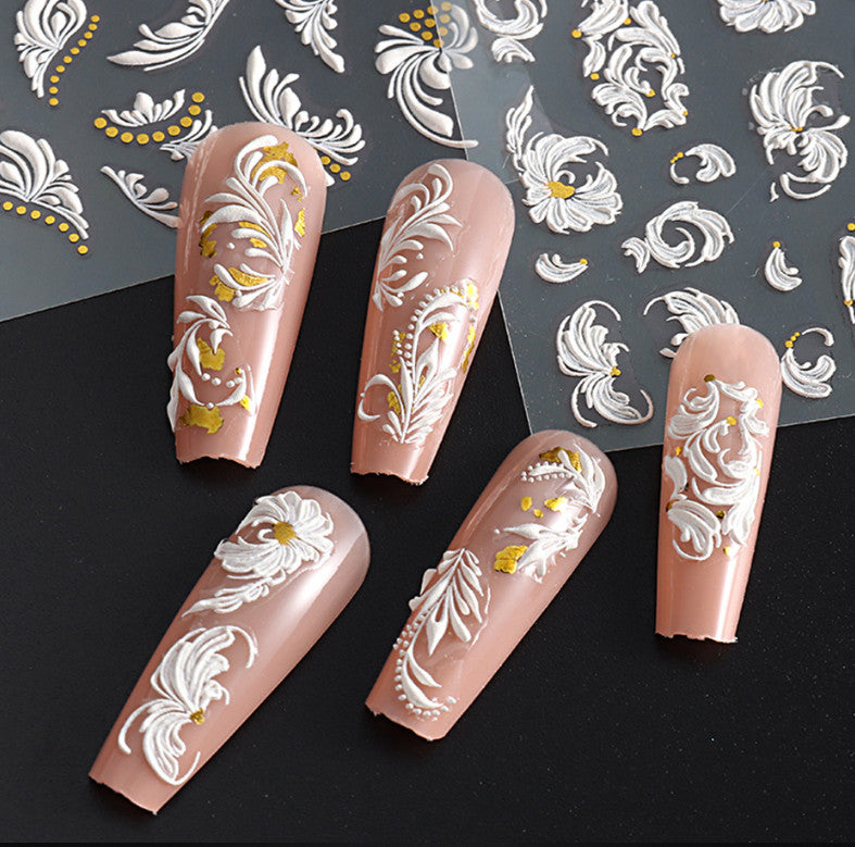 5D Embossed Nail Stickers White Rose Flower Decals for Nail Art and Decor