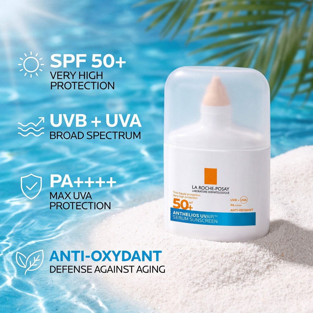 SPF50+ UVA & UVB Serum Sunscreen for Face - Lightweight, Hydrating, Antioxidant Formula
