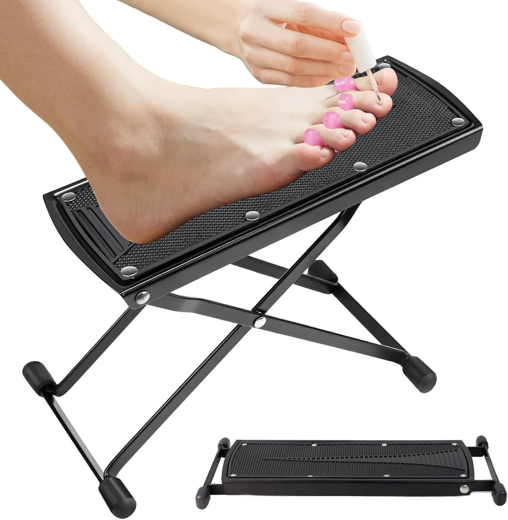 Adjustable Metal Pedicure Stool with 6 Height Levels, Foldable Salon Chair - Black