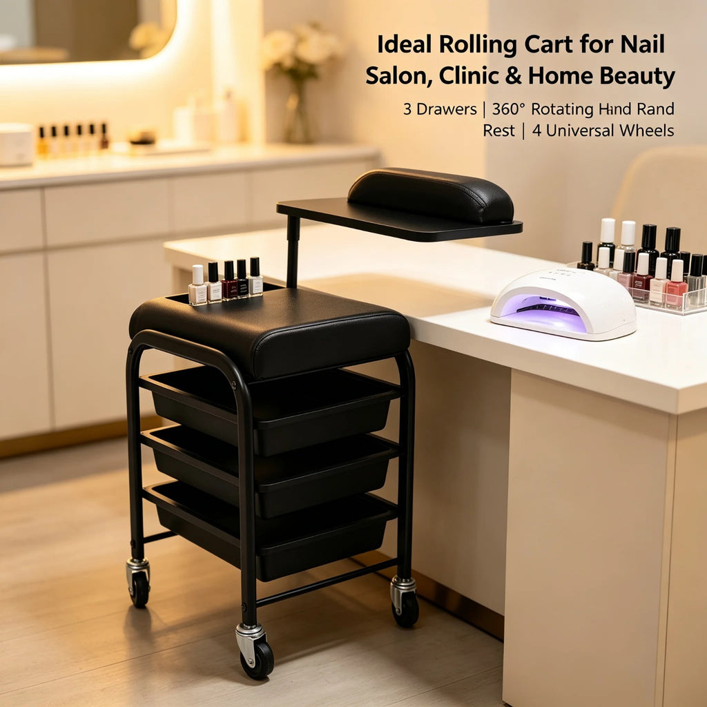Salon Storage Trolley Cart with 3 Drawers & 360° Rotating Hand Rest - Professional Nail & Beauty Station
