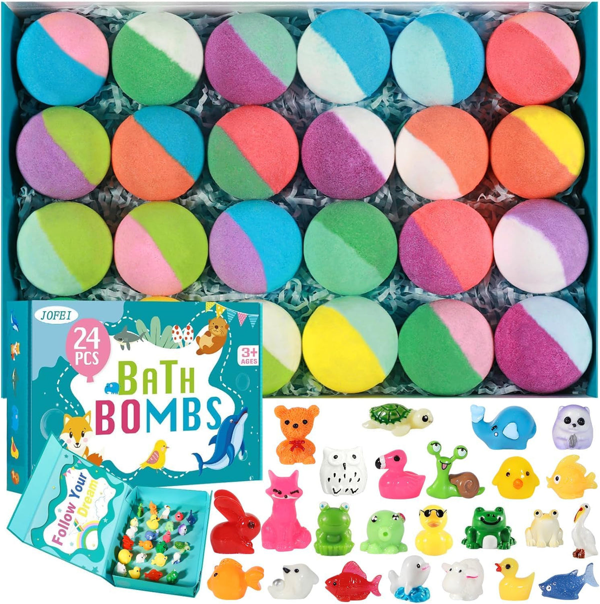 Kids Bath Bombs with Surprise Toys - 24 Pack Jungle & Sea Animal Fizzies