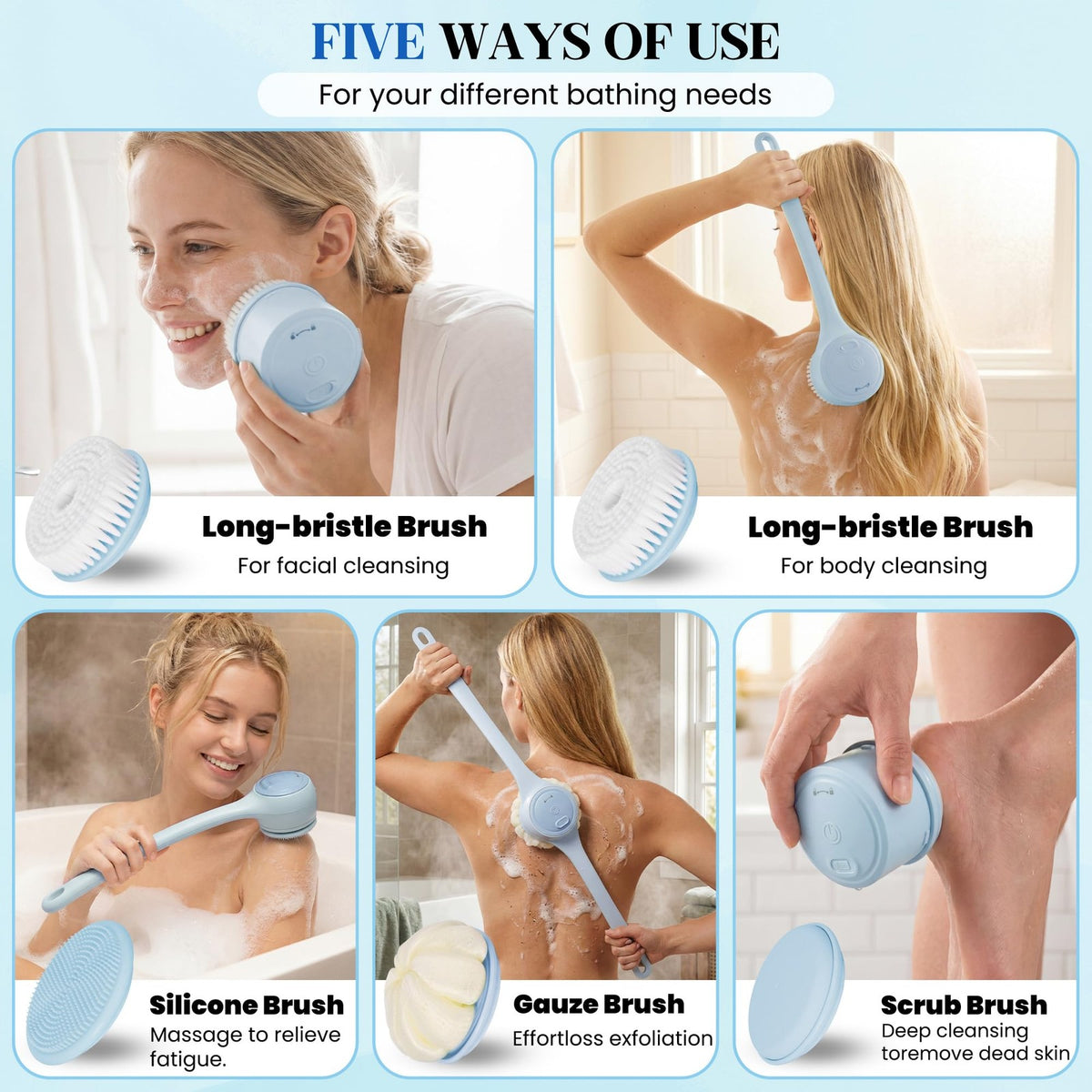 Electric Body Brush Back Scrubber with 5 Replaceable Heads and Hook