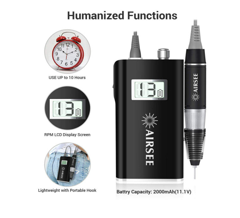 Professional Wireless Nail Drill Kit with LCD Screen, 6 Metal Bits, 3000-30000 RPM