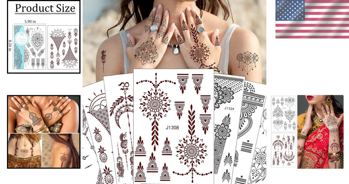 Versatile Henna Tattoo Stickers Kit – 12 Waterproof Sheets for Parties