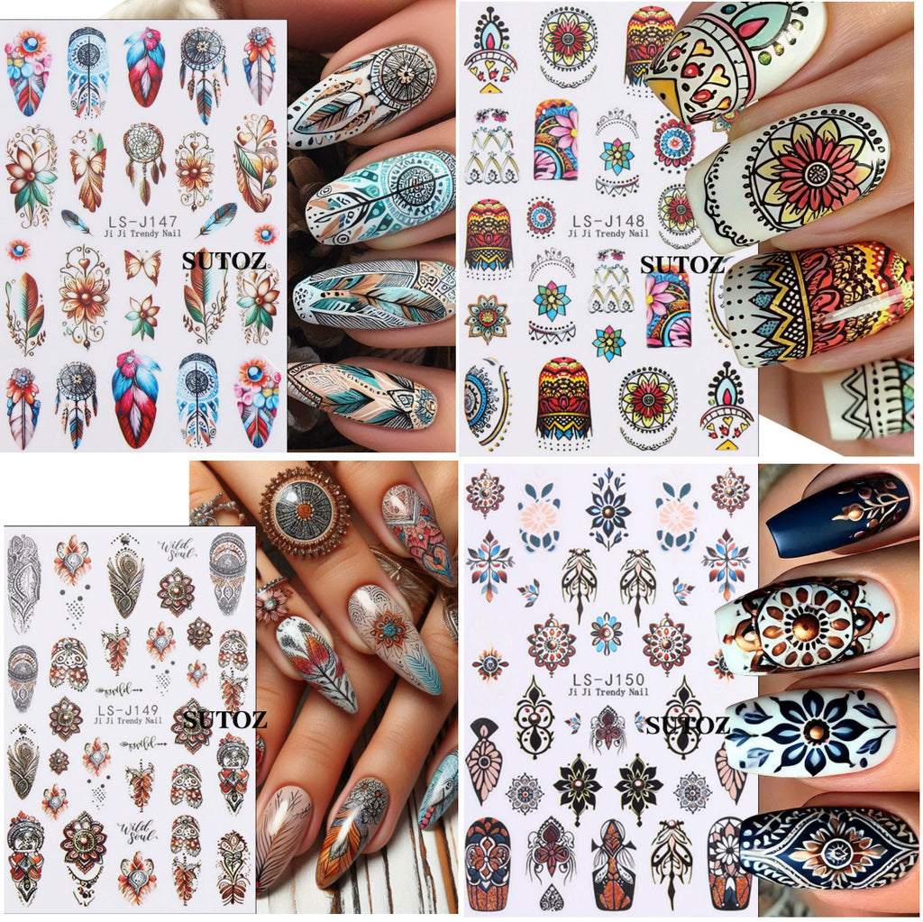 4 Sheets Nail Art Retro Bohemian Flower Stickers - Self Adhesive DIY Nail Decals