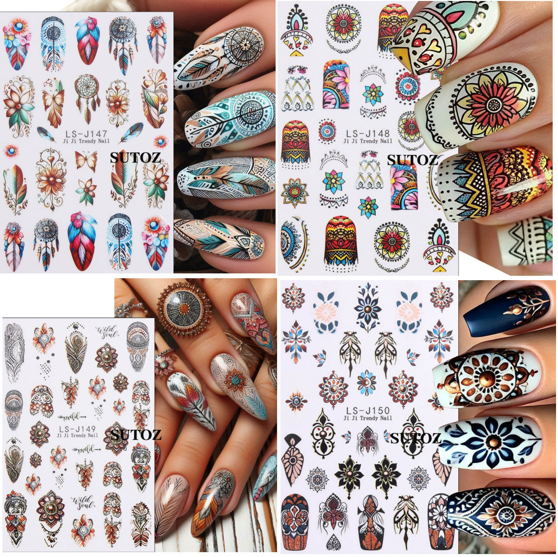 4 Sheets Nail Art Retro Bohemian Flower Stickers - Self Adhesive DIY Nail Decals