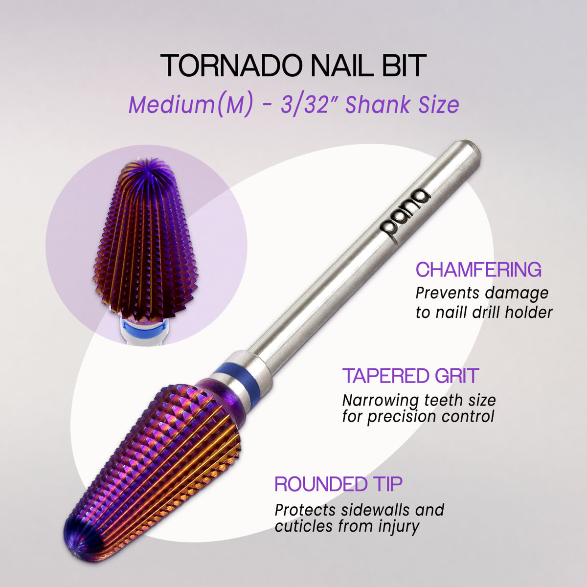 Nail Drill Bit Tornado Shaped Carbide 3/32 Inch Purple Fine to Extra Coarse