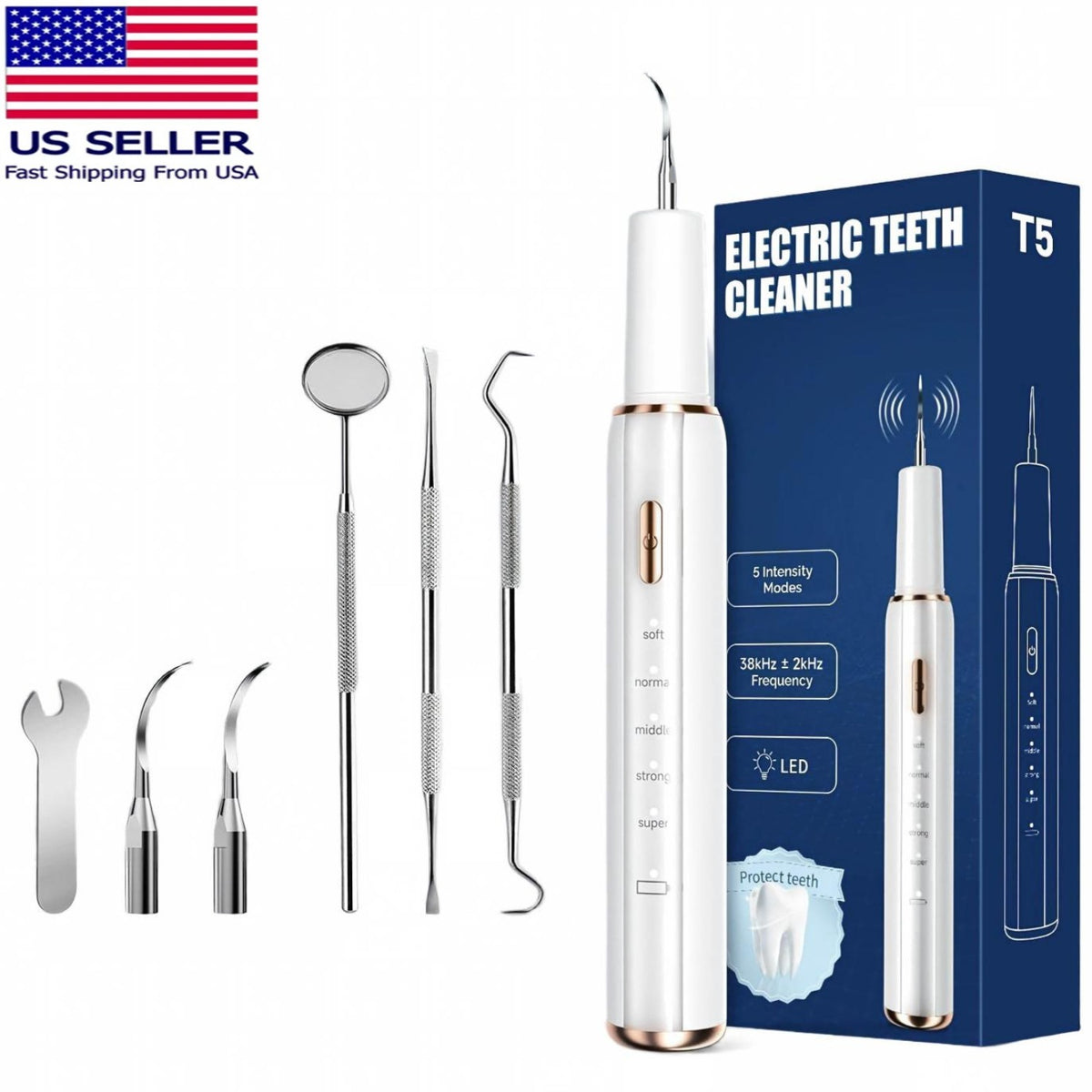 Electric Tartar and Plaque Remover Kit - 5 Vibration Modes, Rechargeable Dental Cleaner