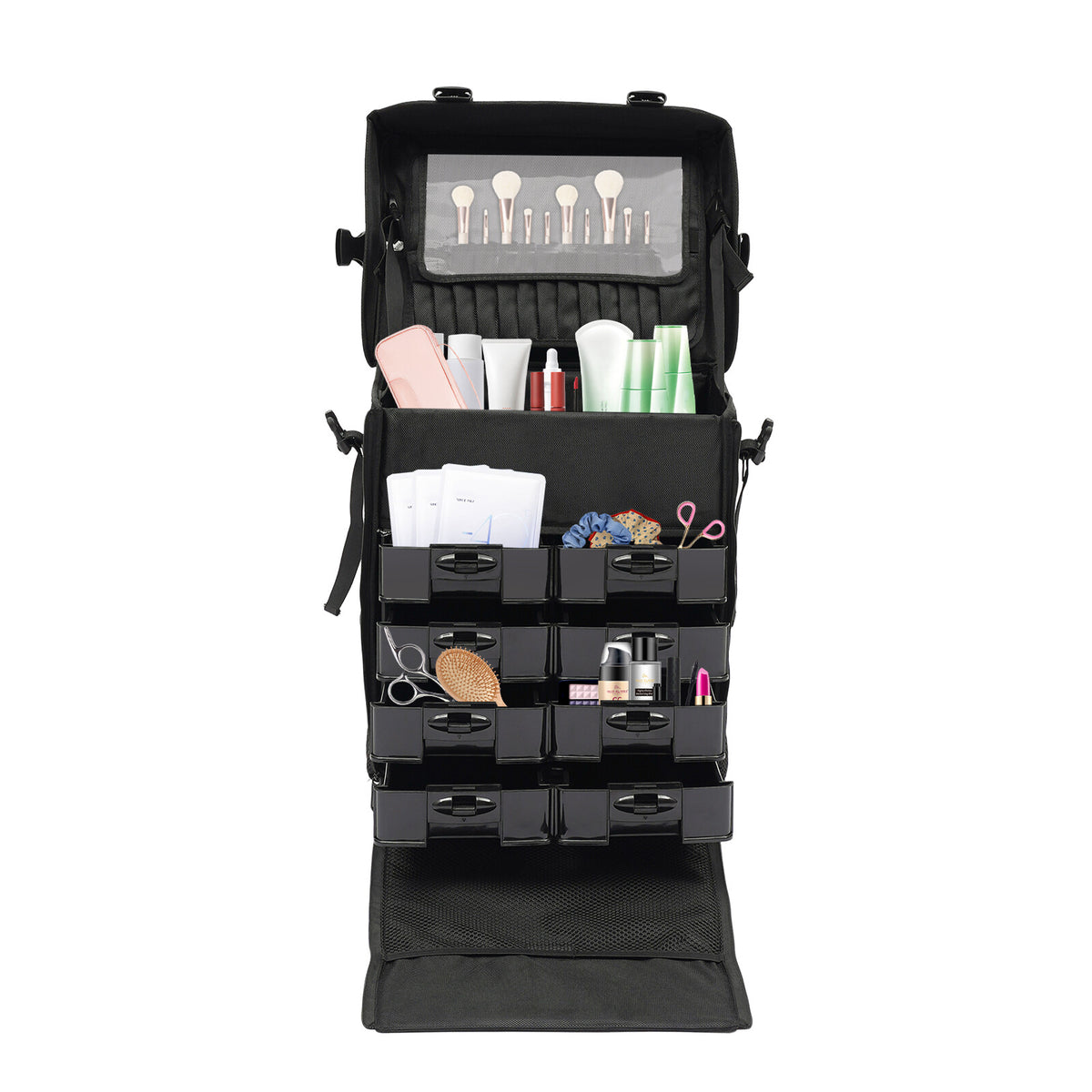 Travel Makeup Case with Wheels, 8 Removable Drawers, Waterproof Oxford