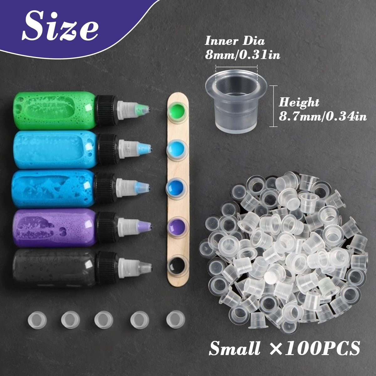 Disposable Tattoo Ink Caps 8 mm, 100 Pcs - Clear Plastic Ink Cups for Tattooing