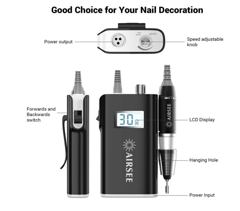 Professional Wireless Nail Drill Kit with LCD Screen, 6 Metal Bits, 3000-30000 RPM