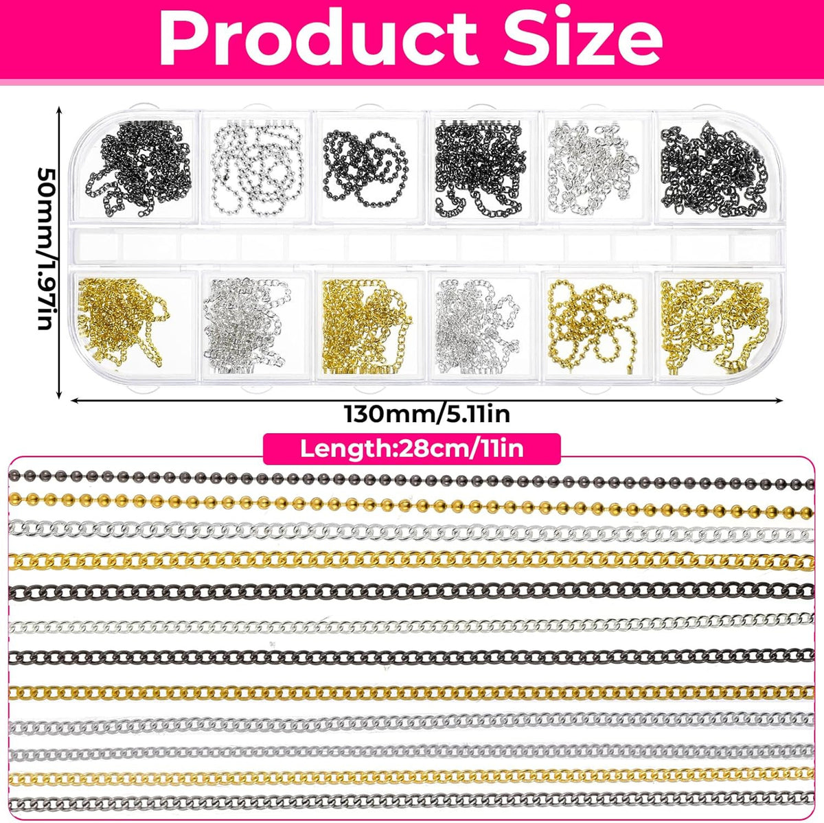 Metal Nail Art Chains Set - Gold, Silver & Gray DIY Manicure Accessories