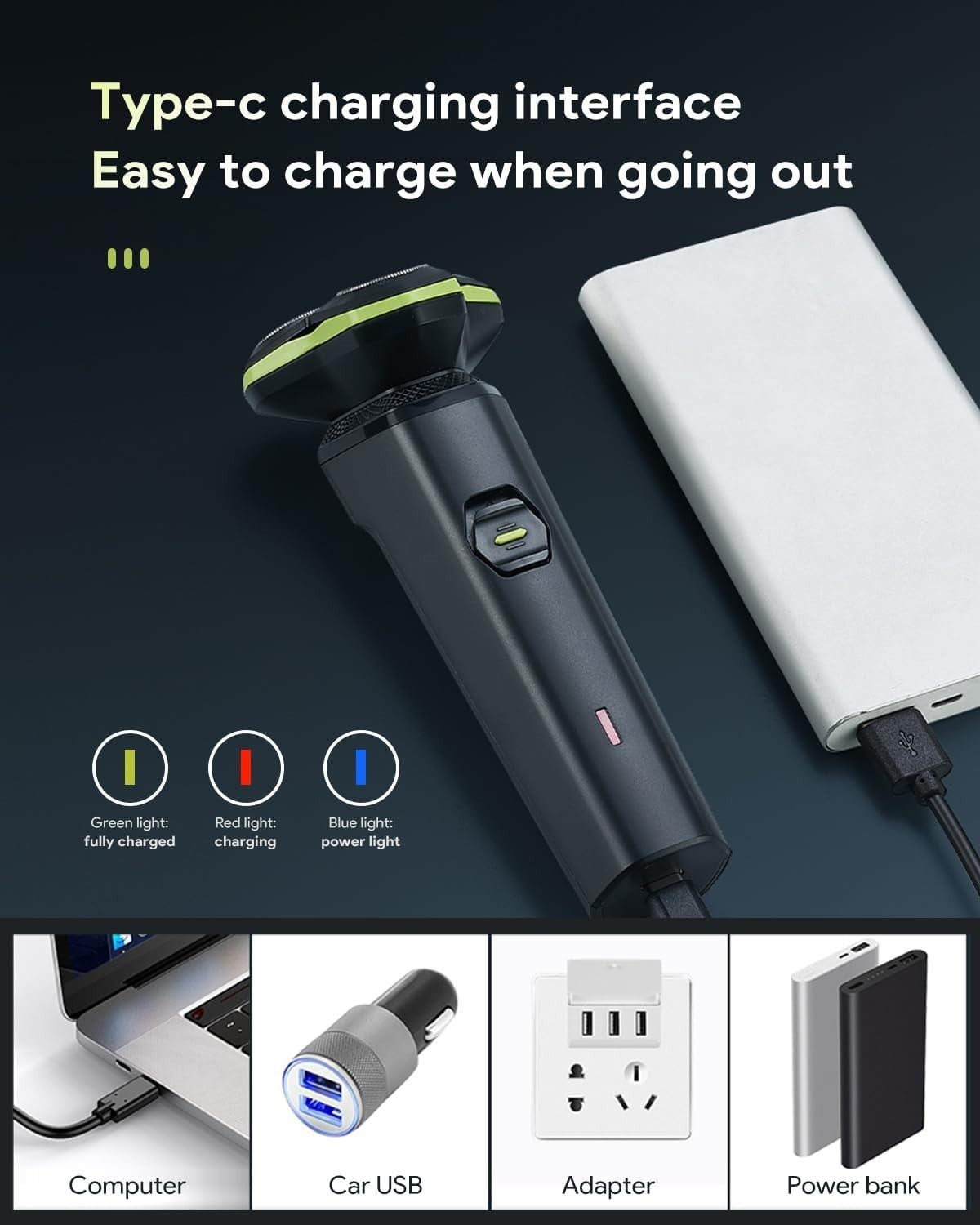 Men's Electric Shaver with 3D Floating Head, Detachable Magnetic Blade, Type-C Charging