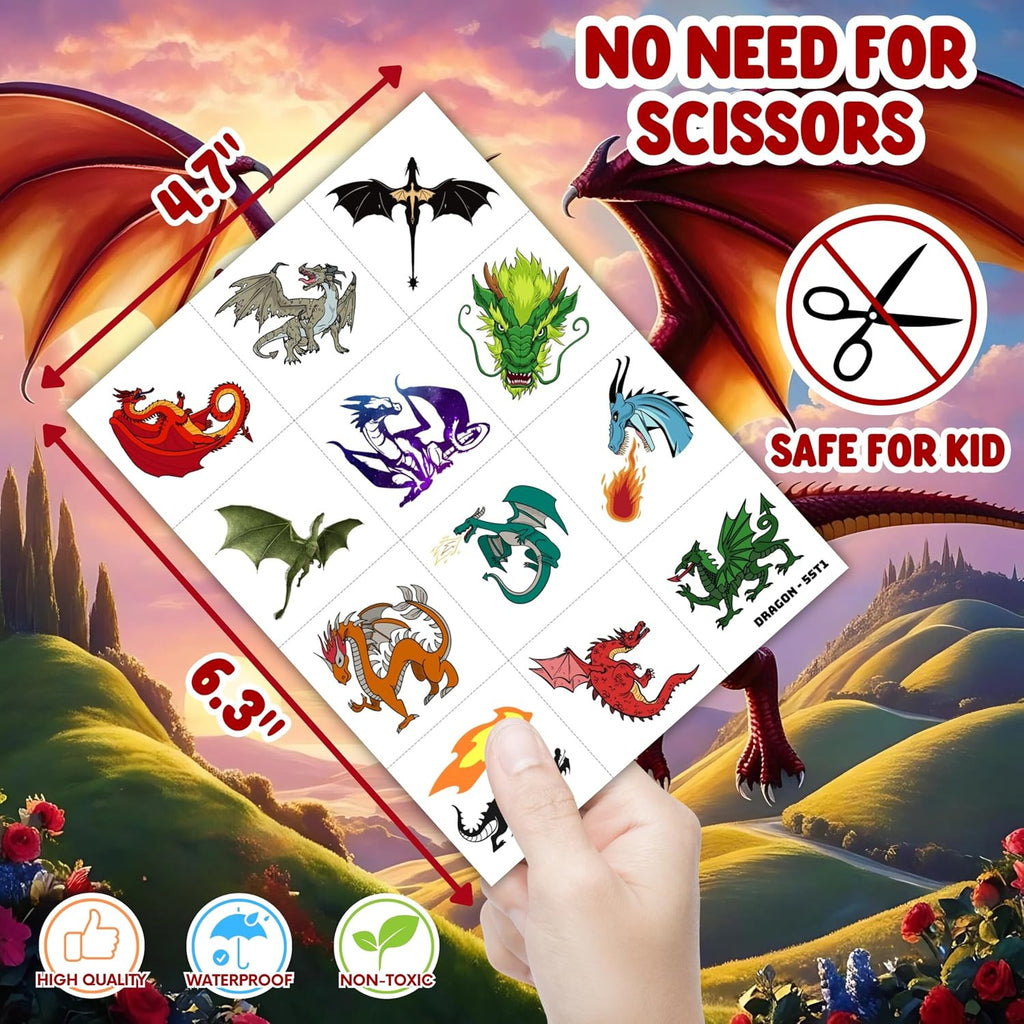 Dragon Temporary Tattoos Party Favors, 60 Pcs Pre-Cut for Kids