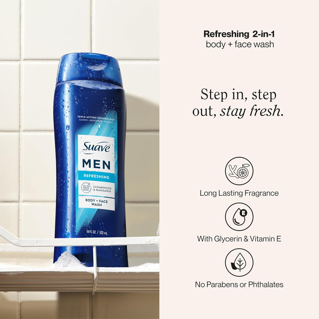 Men Refreshing 2-in-1 Body & Face Wash with Glycerin & Vitamin E - Paraben & Phthalate Free, 18 FL OZ