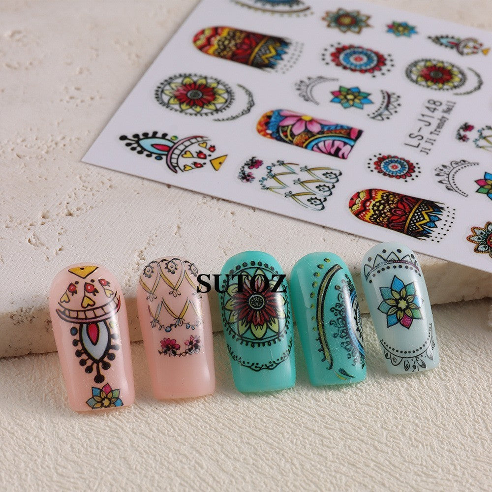 4 Sheets Nail Art Retro Bohemian Flower Stickers - Self Adhesive DIY Nail Decals