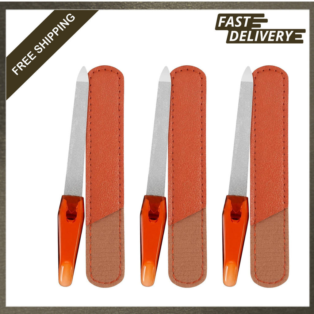 Metal Nail File Set with Sharp Pointed Tips & Leather Sheath Case - 3 Pack, 5 Inch