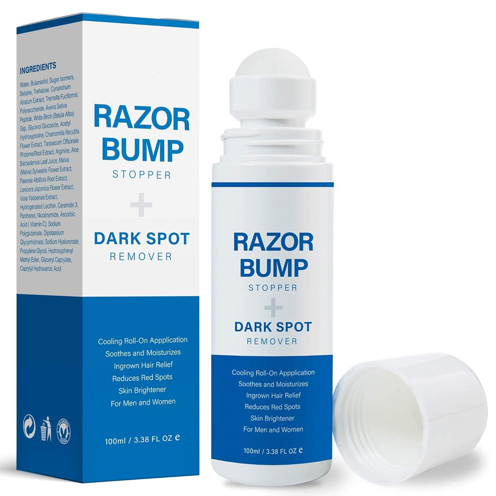 Razor Bump Stopper with Ingrown Hair Treatment for Men and Women - Roll-On Serum for Shaving Irritation, Redness, and Dark Spots, 3.38 Fl Oz