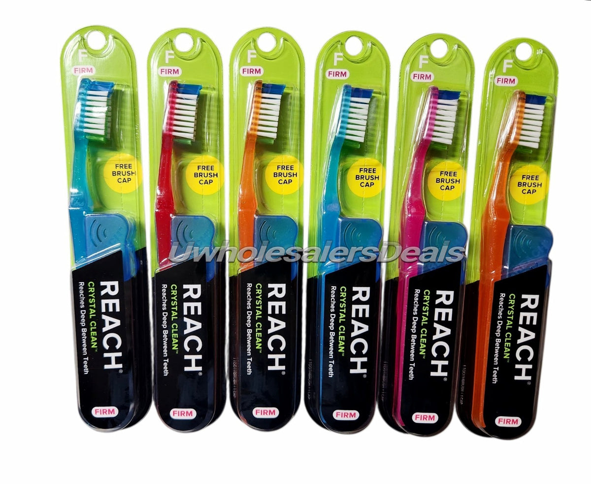 6 Pack Reach Crystal Clean Hard Toothbrushes with Firm Bristles and Free Caps