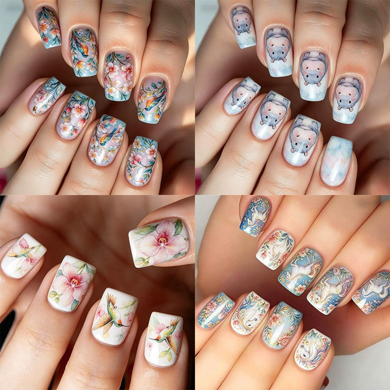 96Pcs Short Square Nail Set with Hand Painted Unicorn Hippo Hummingbird & Flowers