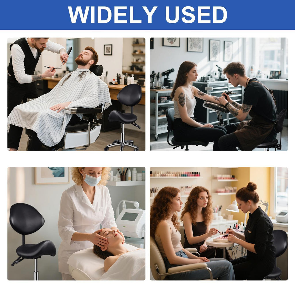 Ergonomic Saddle Stool with Wheels and Adjustable Backrest - Thick Leather Seat