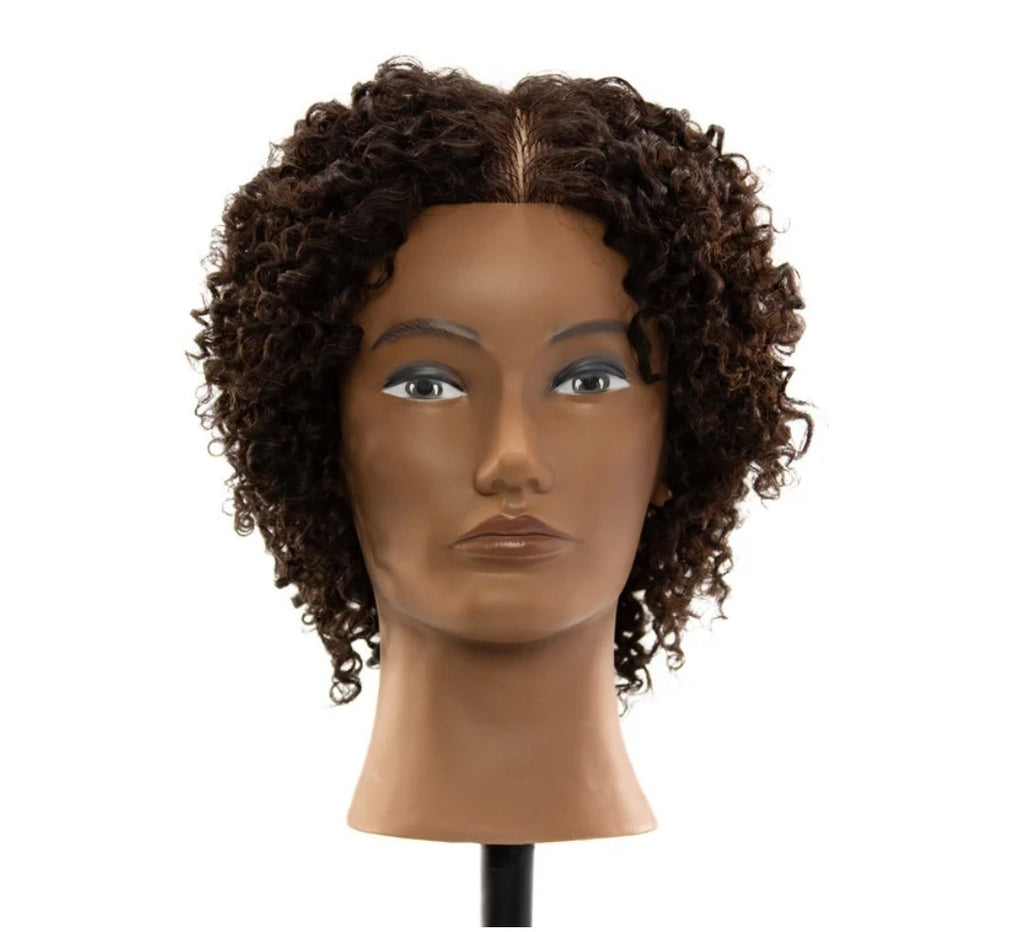 Human Hair Mannequin Head for Hair Cutting & Styling 8 Inch Dark Textured