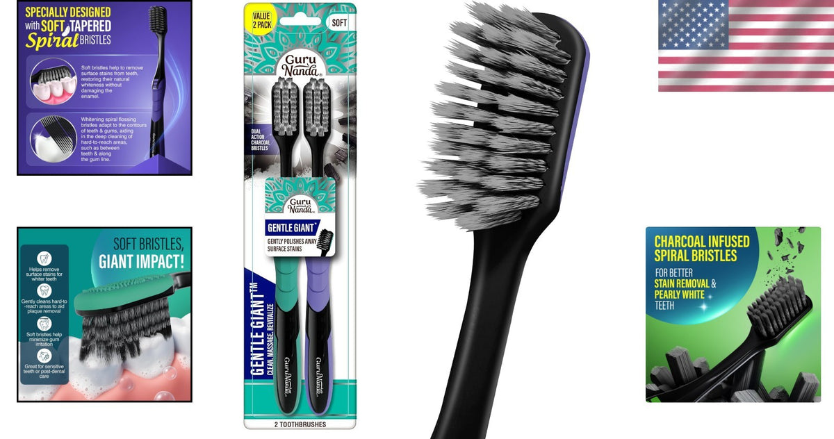 Gentle Giant Charcoal Toothbrush with Tongue Cleaner - Deep Clean & Whitening