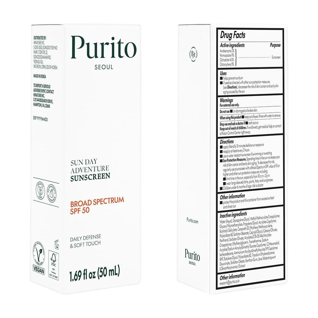 Purito SPF 50 Broad Spectrum Sunscreen - 50ml Light, Hydrating, Makeup-Friendly