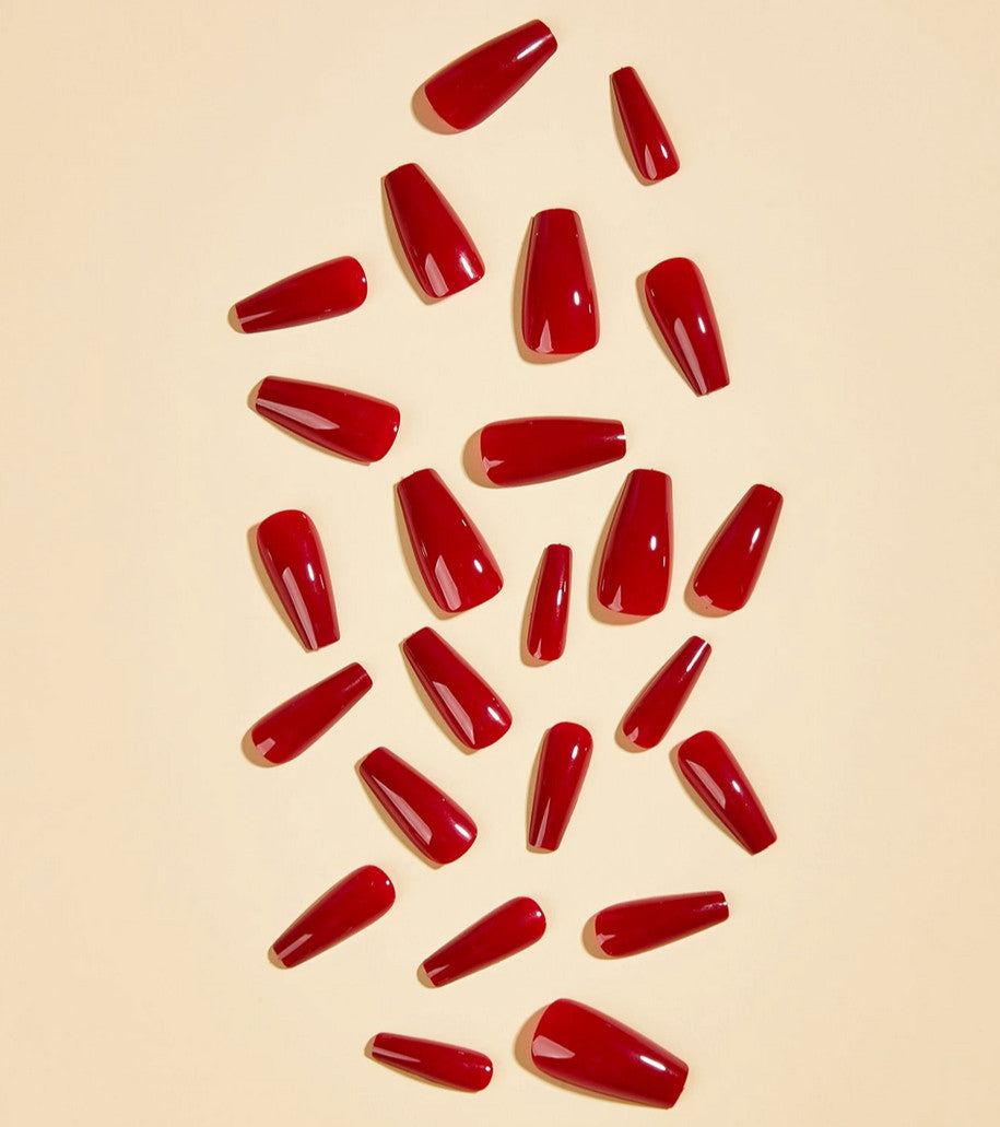 Medium Coffin Cherry Red False Nail Tips Set with Glue & File