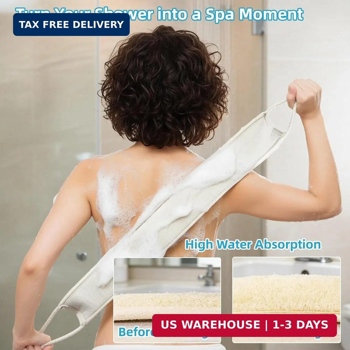 Long Natural Loofah Back Scrubber for Shower, Exfoliating Body Sponge with Cotton Handles - 33 Inch