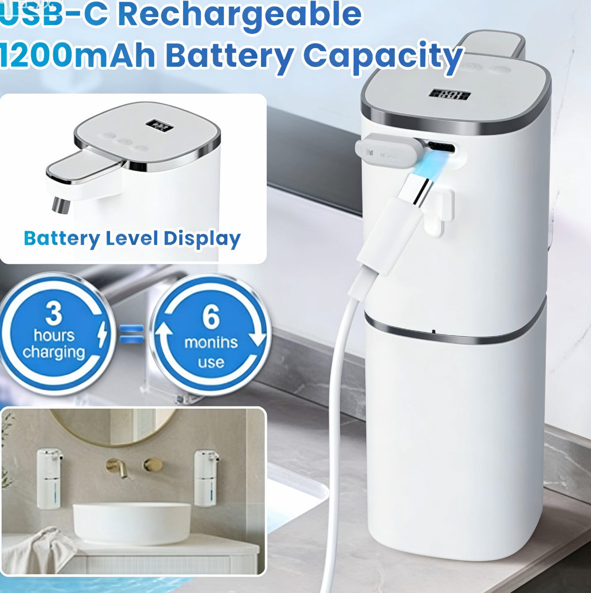 Touchless Automatic Liquid Soap Dispenser with 9 Adjustable Levels USB Rechargeable